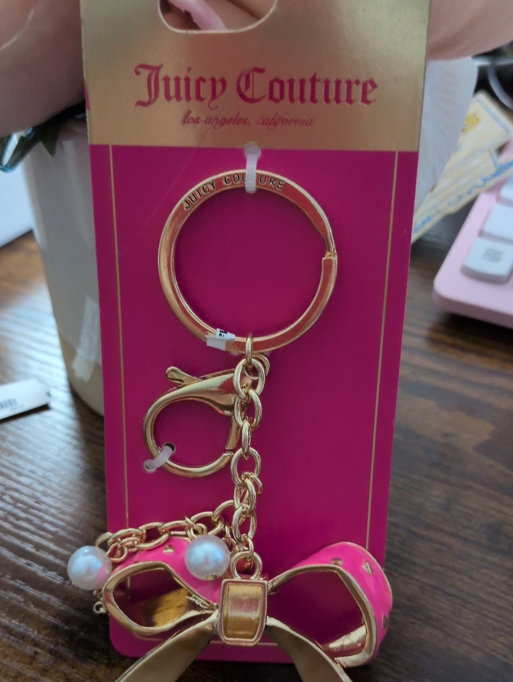 Juicy Couture Gold-tone Keyring with Hot Pink Bow & Pearl Charms